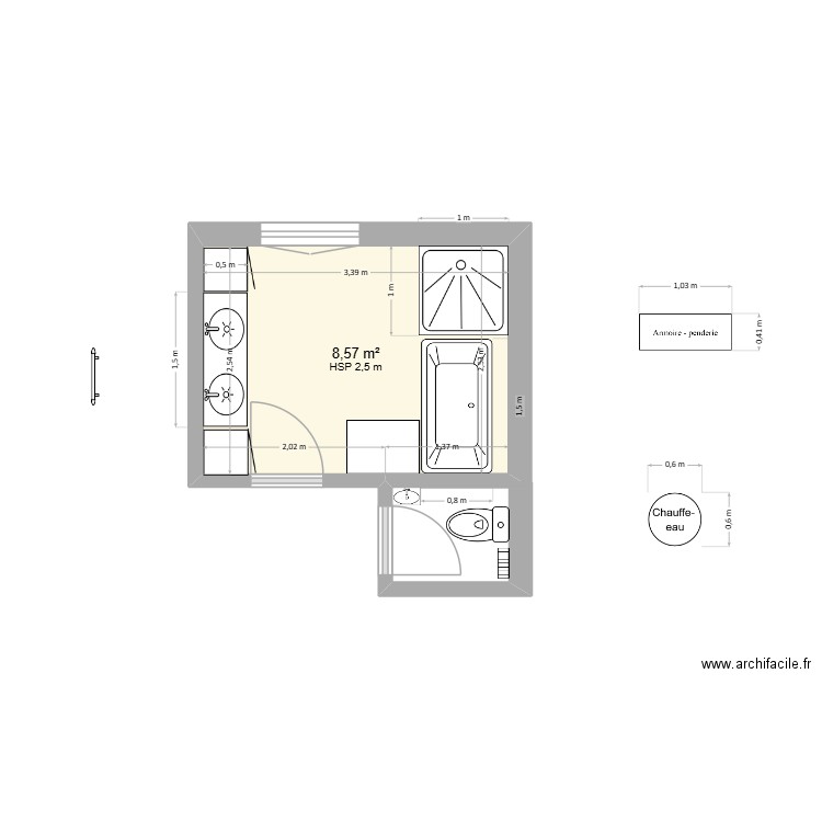 Salle de bain (3). Plan de 1 pièce et 9 m2