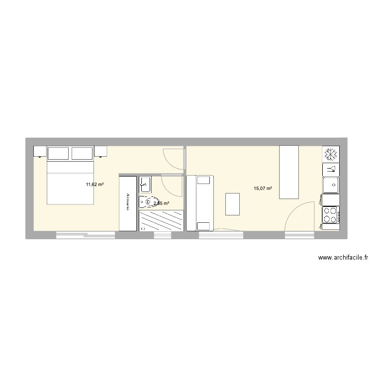 Studio Pierre. Plan de 3 pièces et 30 m2