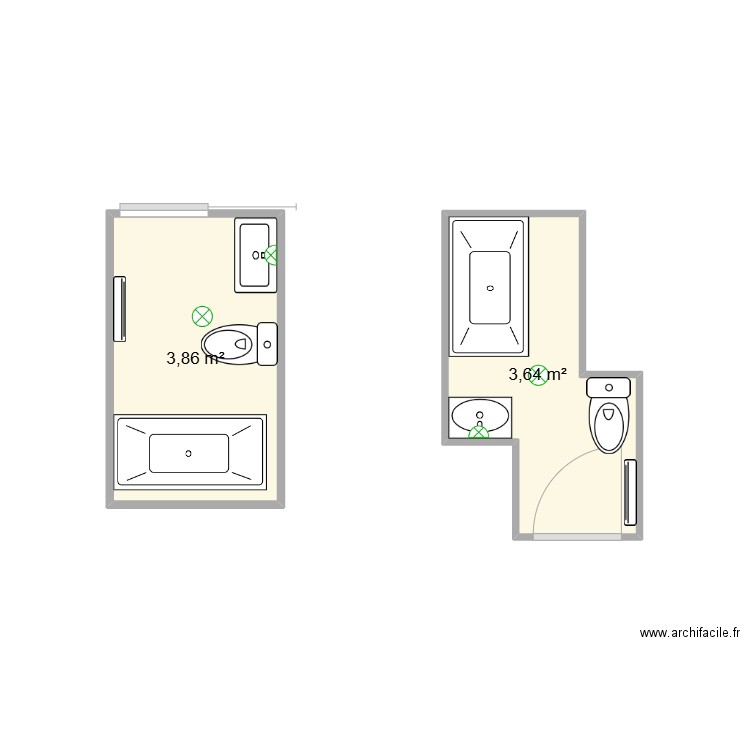 Salle de bain rectangulaire. Plan de 2 pièces et 8 m2