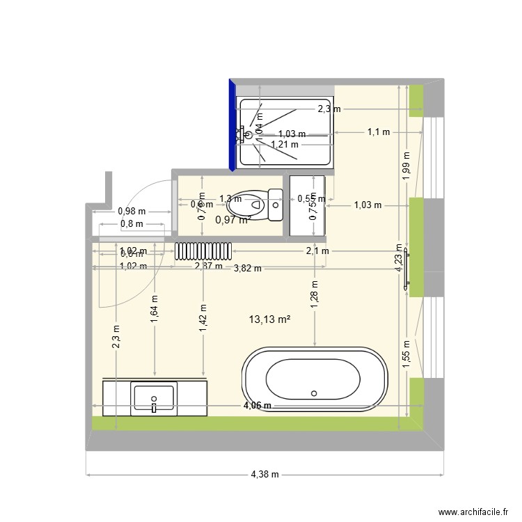 sdb pepette A. Plan de 2 pièces et 14 m2