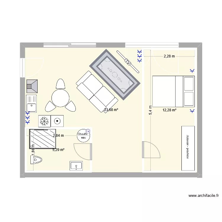 studio. Plan de 3  et 61 m²