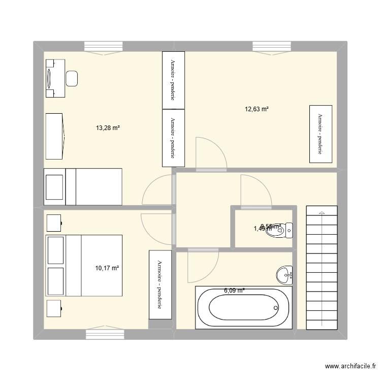Aménagement possible étage. Plan de 6 pièces et 52 m2