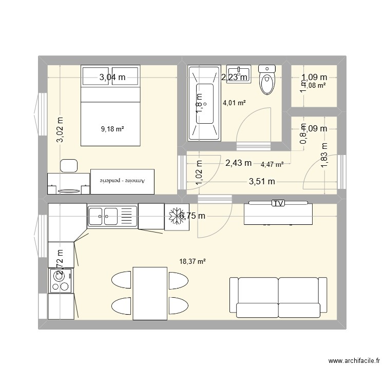 40m2 appartement. Plan de 5 pièces et 37 m2
