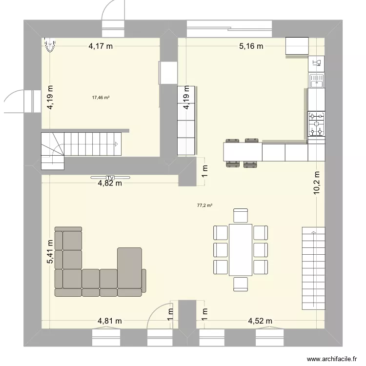 Barbe en croc. Plan de 2  et 95 m²