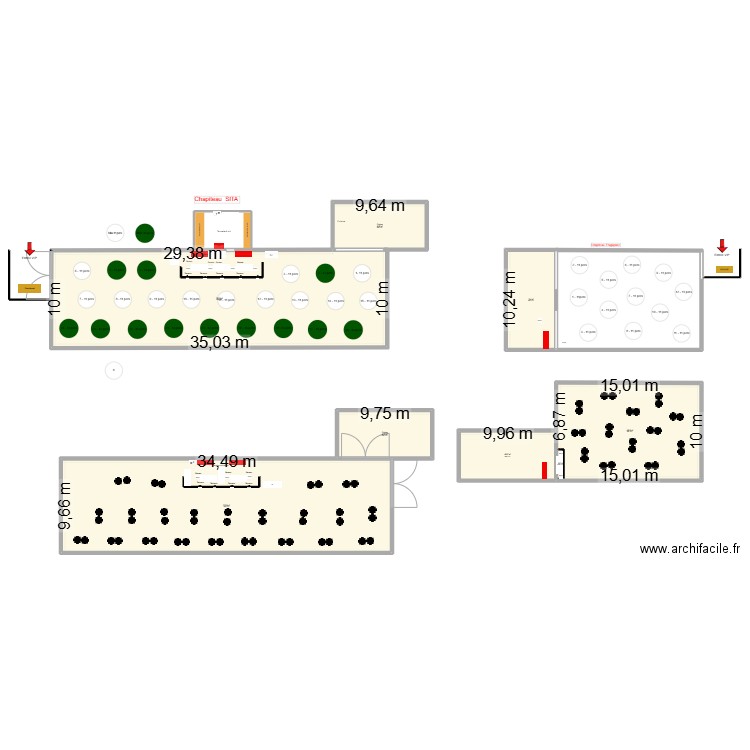 Chapiteau Réception vip - 250 personnes. Plan de 8 pièces et 1028 m2