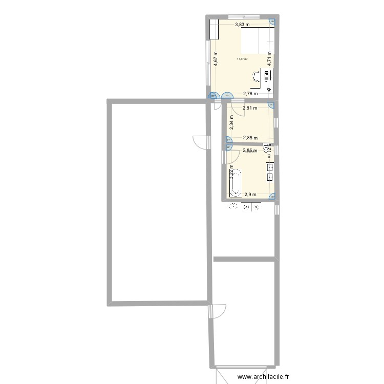 Extension. Plan de 2 pièces et 34 m2