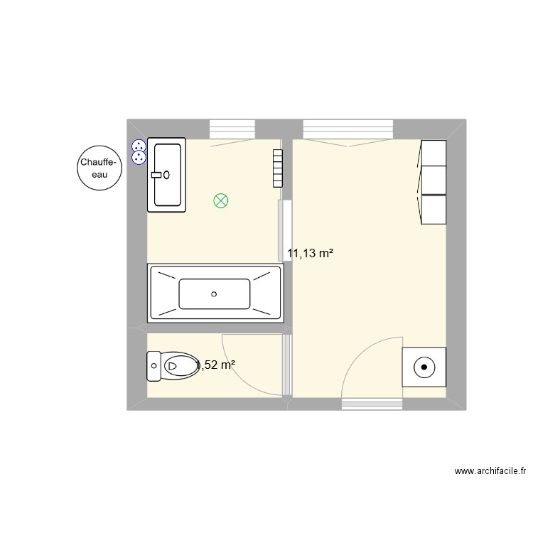SDB L1. Plan de 2 pièces et 13 m2