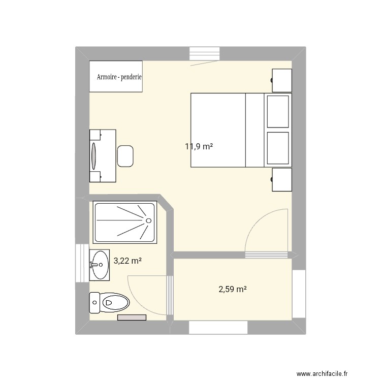 Back bedroom SDD. Plan de 3 pièces et 18 m2