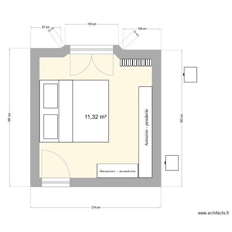 chambre. Plan de 1 pièce et 11 m2