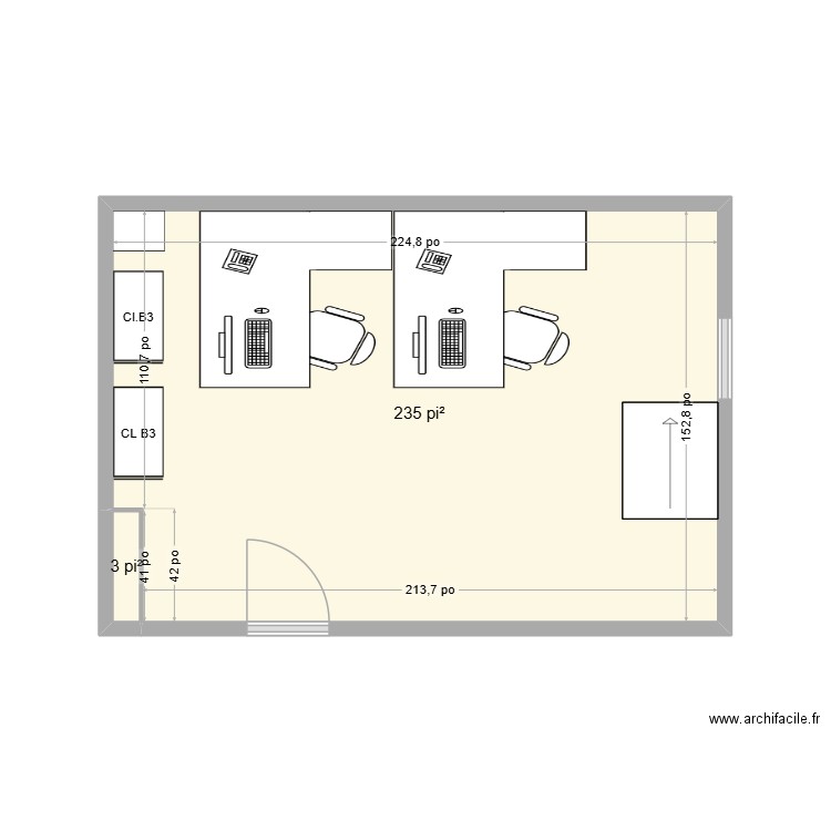 Bureau. Plan de 2 pièces et 22 m2
