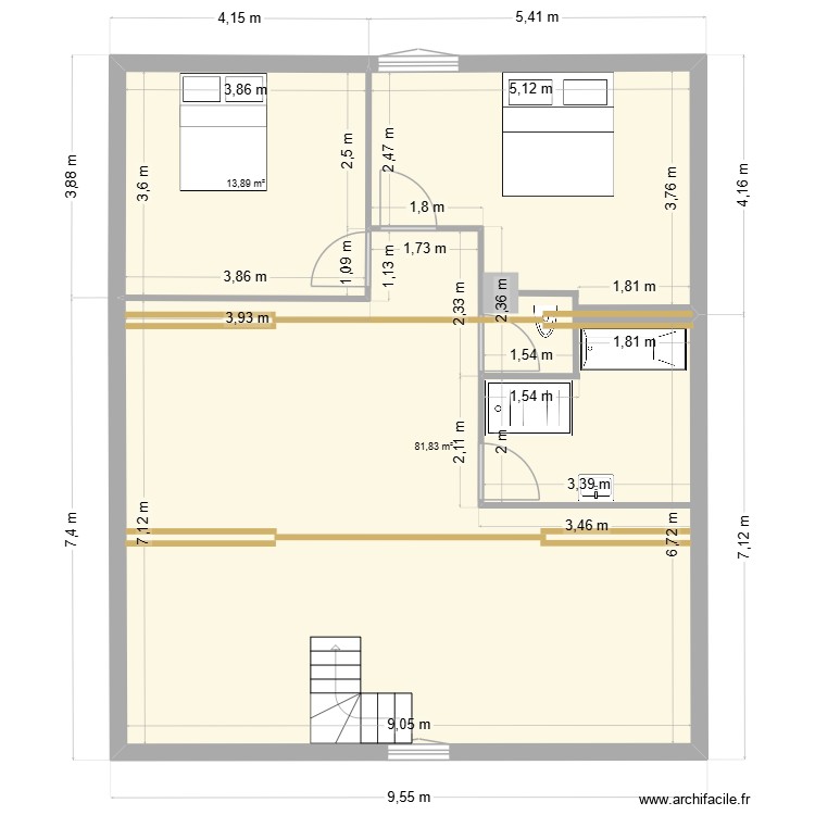 etage  sdb reduite. Plan de 2 pièces et 96 m2