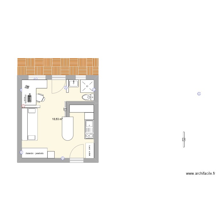 Appart Mtp SDB. Plan de 1 pièce et 19 m2