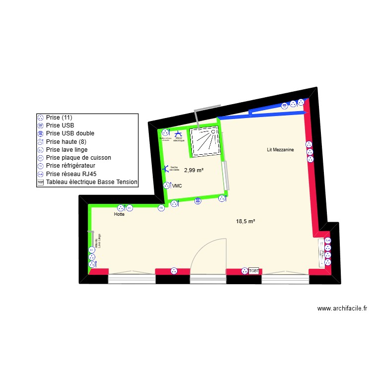 Appartement 1 Electricité. Plan de 3 pièces et 27 m2