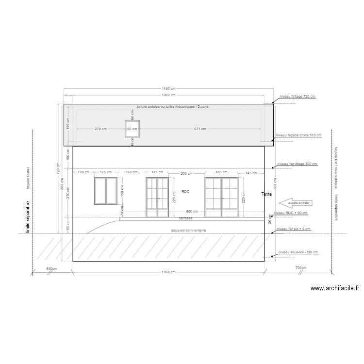 PC maison Douvres / plan projet réhausse / façade Sud. Plan de 3 pièces et 79 m2