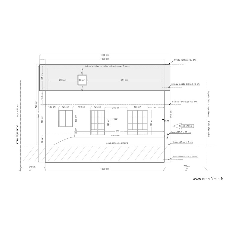 PC maison Douvres / plan projet réhausse / façade Sud. Plan de 0 pièce et 0 m2