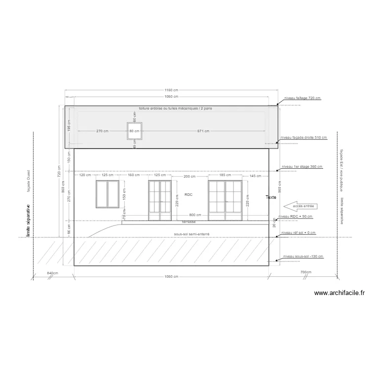 PC maison Douvres / plan projet r&eacute;hausse / fa&ccedil;ade Sud. Plan de 