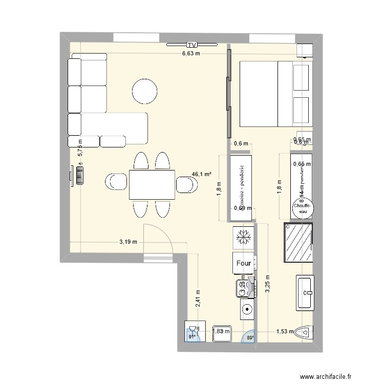 halevy. Plan de 1 pièce et 46 m2
