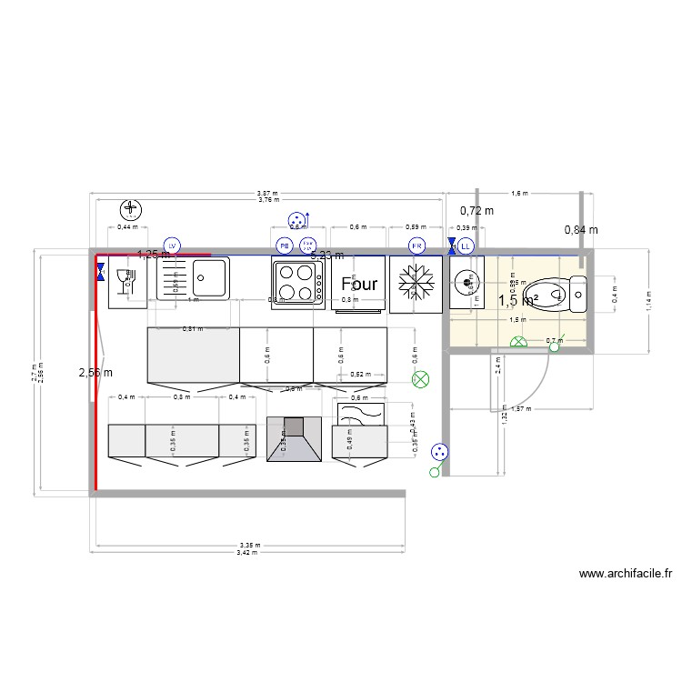 Cuisine plan prises. Plan de 0 pièce et 0 m2