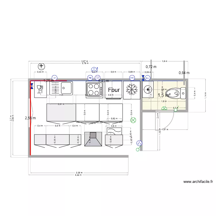 Cuisine plan prises. Plan de 1  et 2 m²
