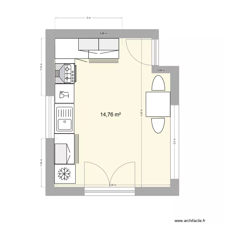Cuisine Chamaka. Plan de 1  et 15 m²