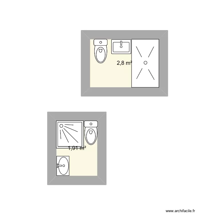 salle de bains. Plan de 2  et 5 m²