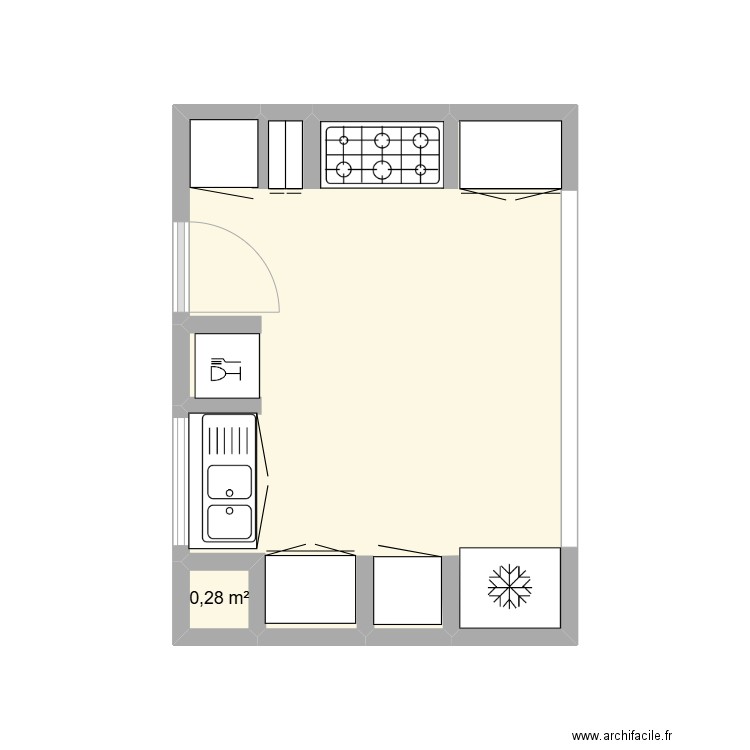 Cuisine. Plan de 2 pièces et 14 m2