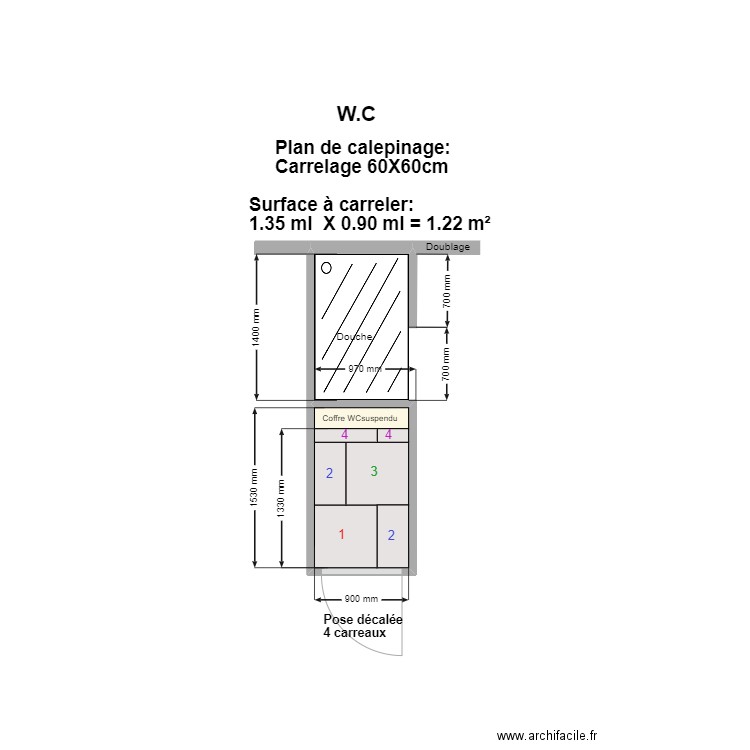 WC Plan de calepinage du carrelage 60X60. Plan de 1 pièce et 1 m2