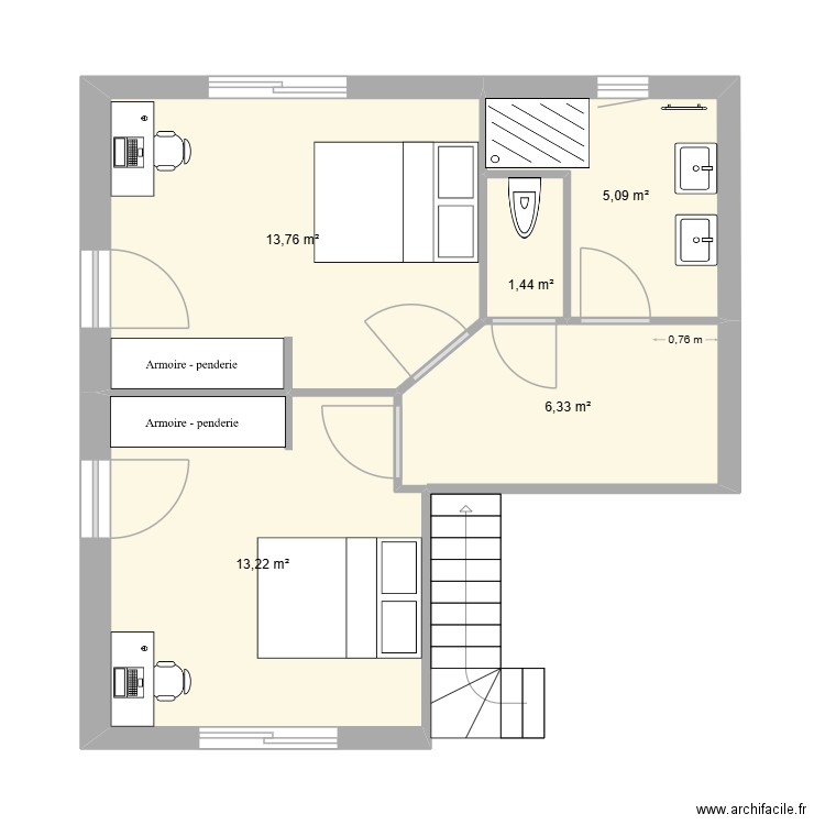 Etage enfant AVP13 test 4. Plan de 5 pièces et 40 m2