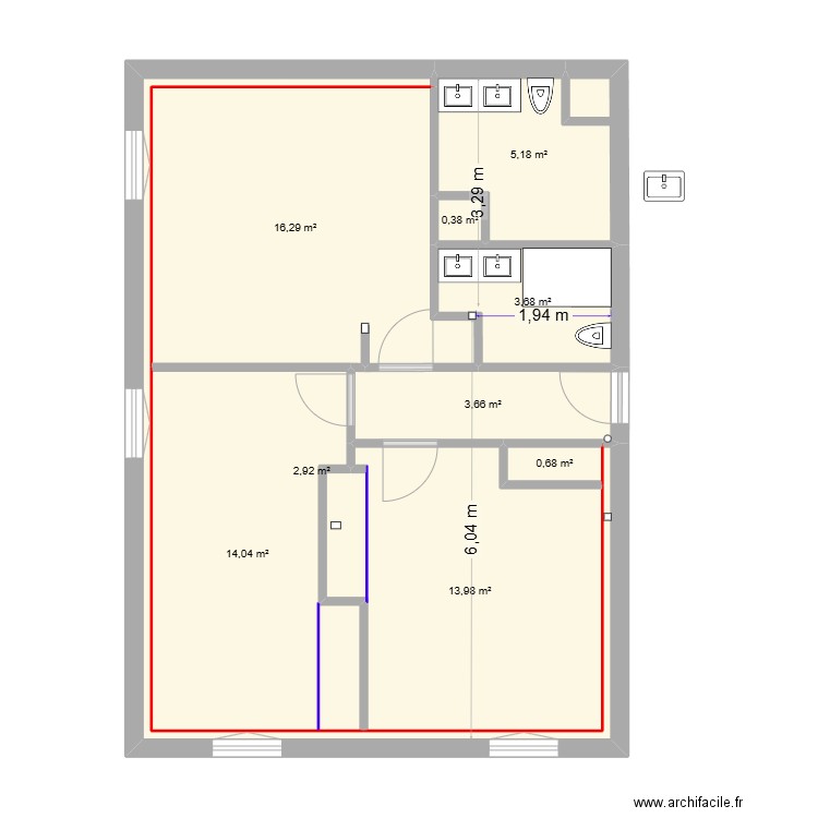 Plan apres démolition. Plan de 9 pièces et 61 m2