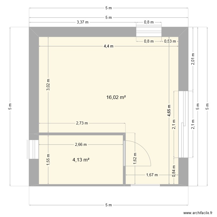 Suite parentale cotes. Plan de 2 pièces et 20 m2