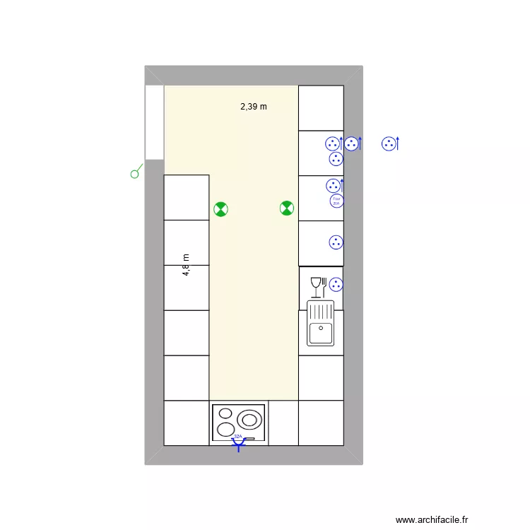 cuisine. Plan de 1  et 11 m²