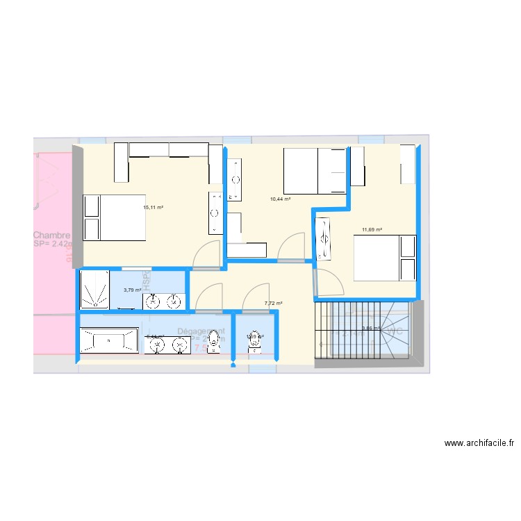 R+2. Plan de 8 pièces et 61 m2