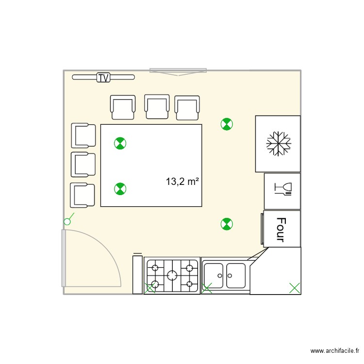 Cuisine. Plan de 1 pièce et 13 m2