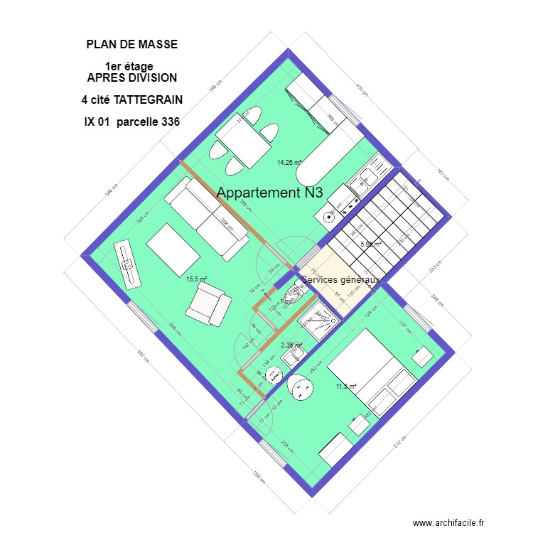 TATTEGRAIN plan de masse 1er étage  APRES DIVISION 2. Plan de 6 pièces et 50 m2
