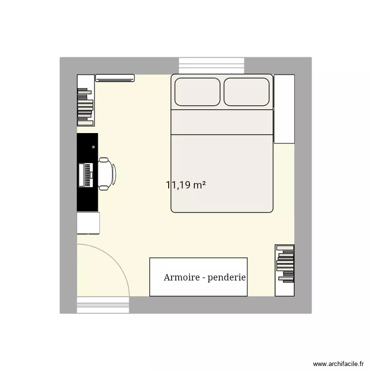Chambre 1 lit double. Plan de 1 Pièce et 11 m²