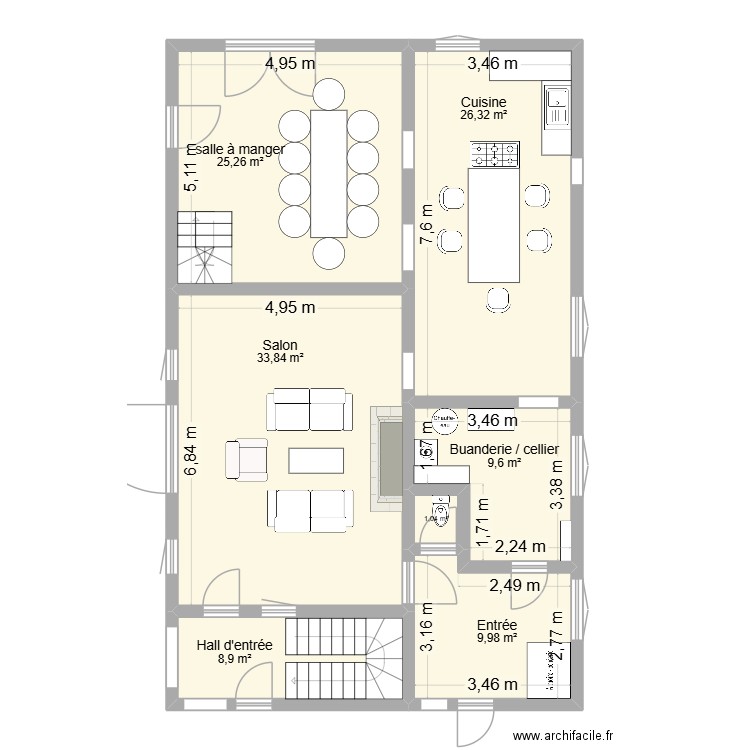 Fleury Maison 1 rez de chaussée projet 1. Plan de 7 pièces et 115 m2
