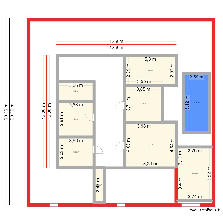 foued dar l 3omer. Plan de 9 pièces et 126 m2