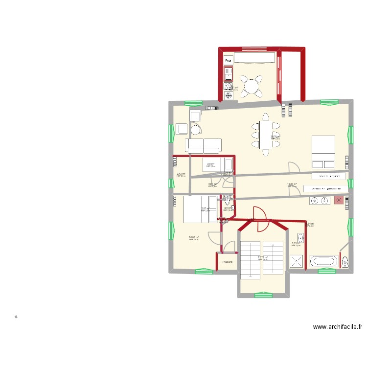 Plan1er Etage futur version 2. Plan de 17 pièces et 122 m2