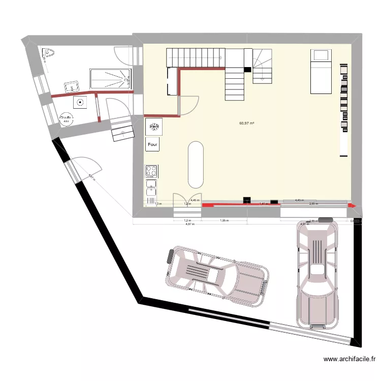 R&eacute;haussement total &eacute;curie. Plan de 1  et 61 m²