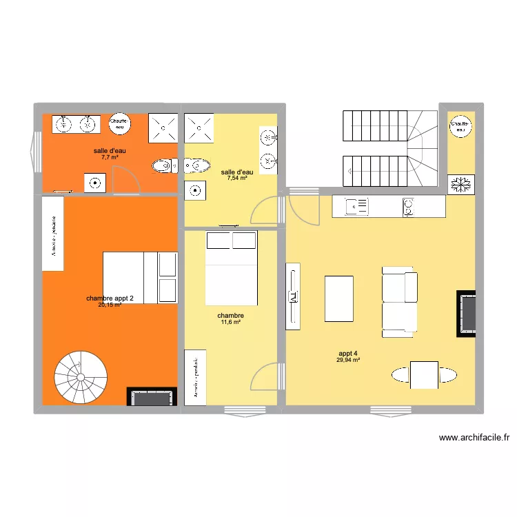 etage appt 1 et appt 5 bis. Plan de 5  et 77 m²