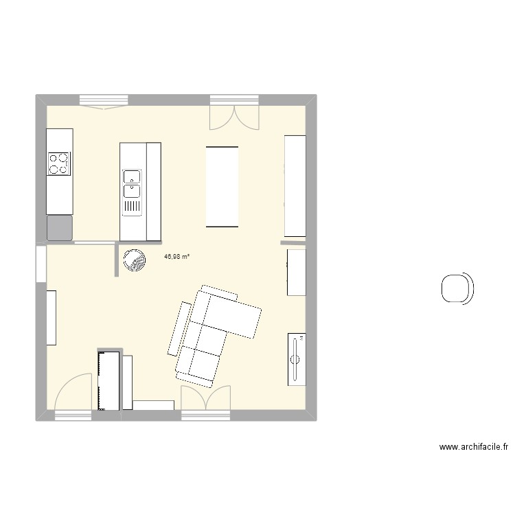 Marnay salon cuisine séjour. Plan de 1 pièce et 47 m2