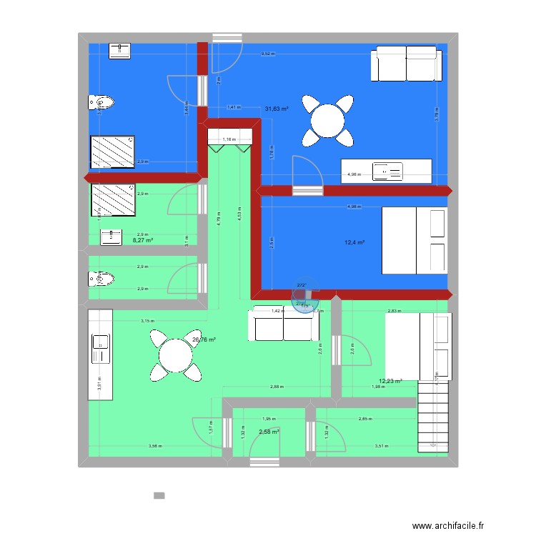 maison milieu RDC. Plan de 6 pièces et 94 m2