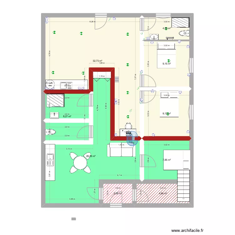 maison milieu RDC. Plan de 9 pièces et 105 m²