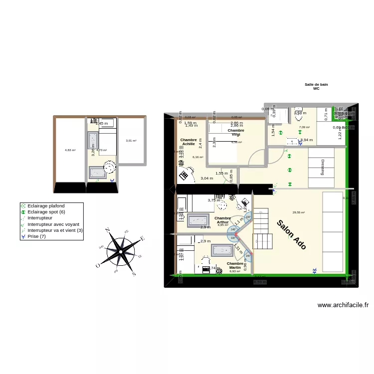 Maison familiale electricit&eacute; plomberie. Plan de 19  et 147 m²