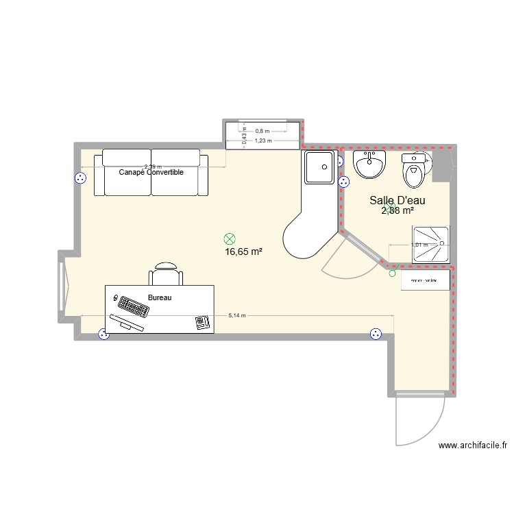 JOFFRE. Plan de 2 pièces et 19 m2