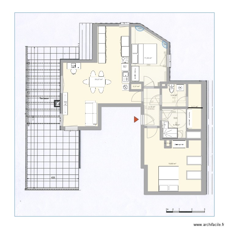 appart MC cuisine meubles bas. Plan de 9 pièces et 77 m2