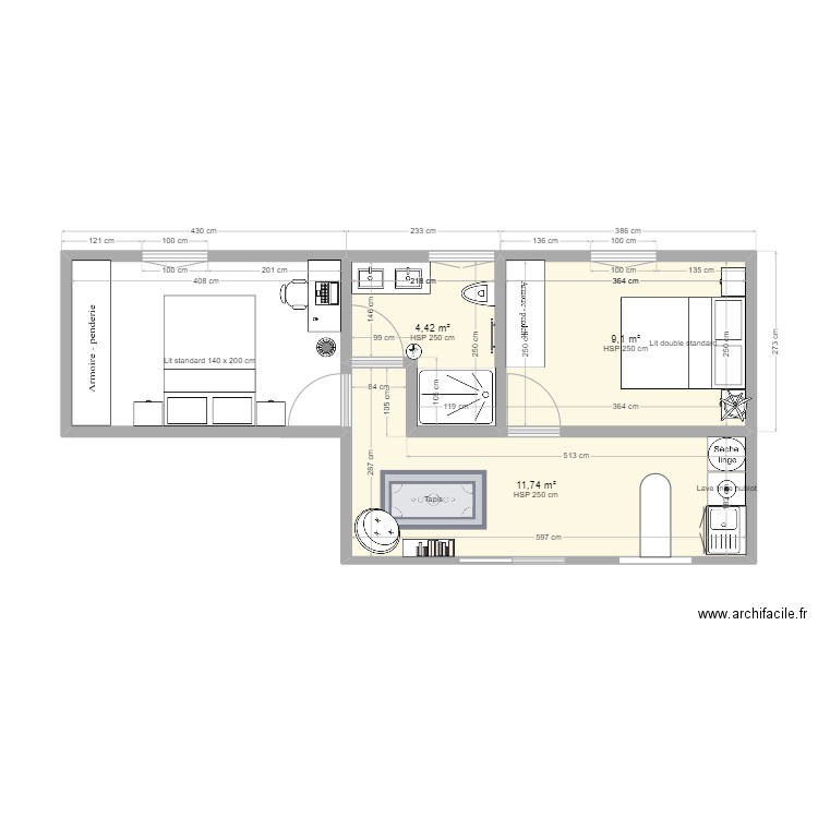 CARNON. Plan de 3 pièces et 25 m2