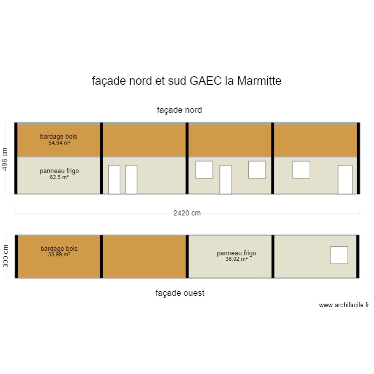 façades nord et sud GAEC la Marmitte. Plan de 4 pièces et 189 m2