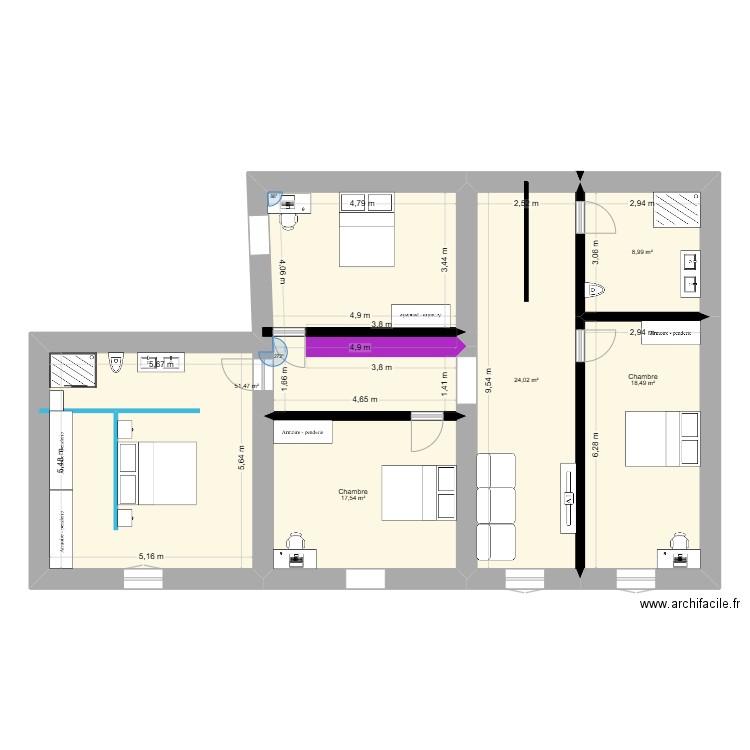 Etage Projet 1. Plan de 5 pièces et 121 m2