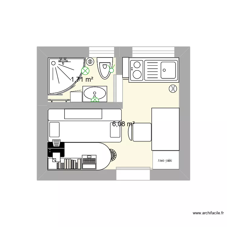 studio. Plan de 2  et 8 m²